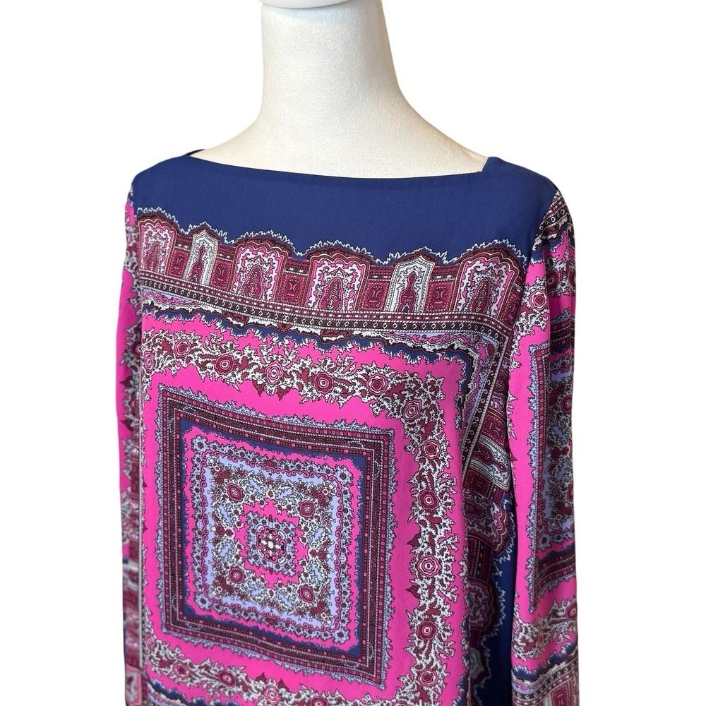 Adrianna Papell Blue Pink Persian Scarf Print Blouse Size Large Boho Chic Office